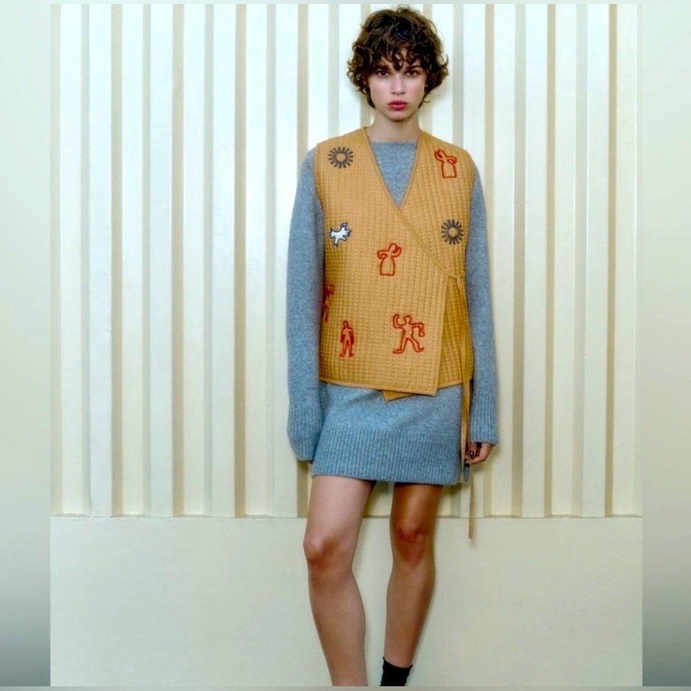 NEW ZARA - Indigenous Inspired Tan Embroidered Vest Size Large